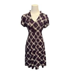 Heart Soul Plaid Dress Womens Size M Purple Good Short Sleeve Tie Back Button